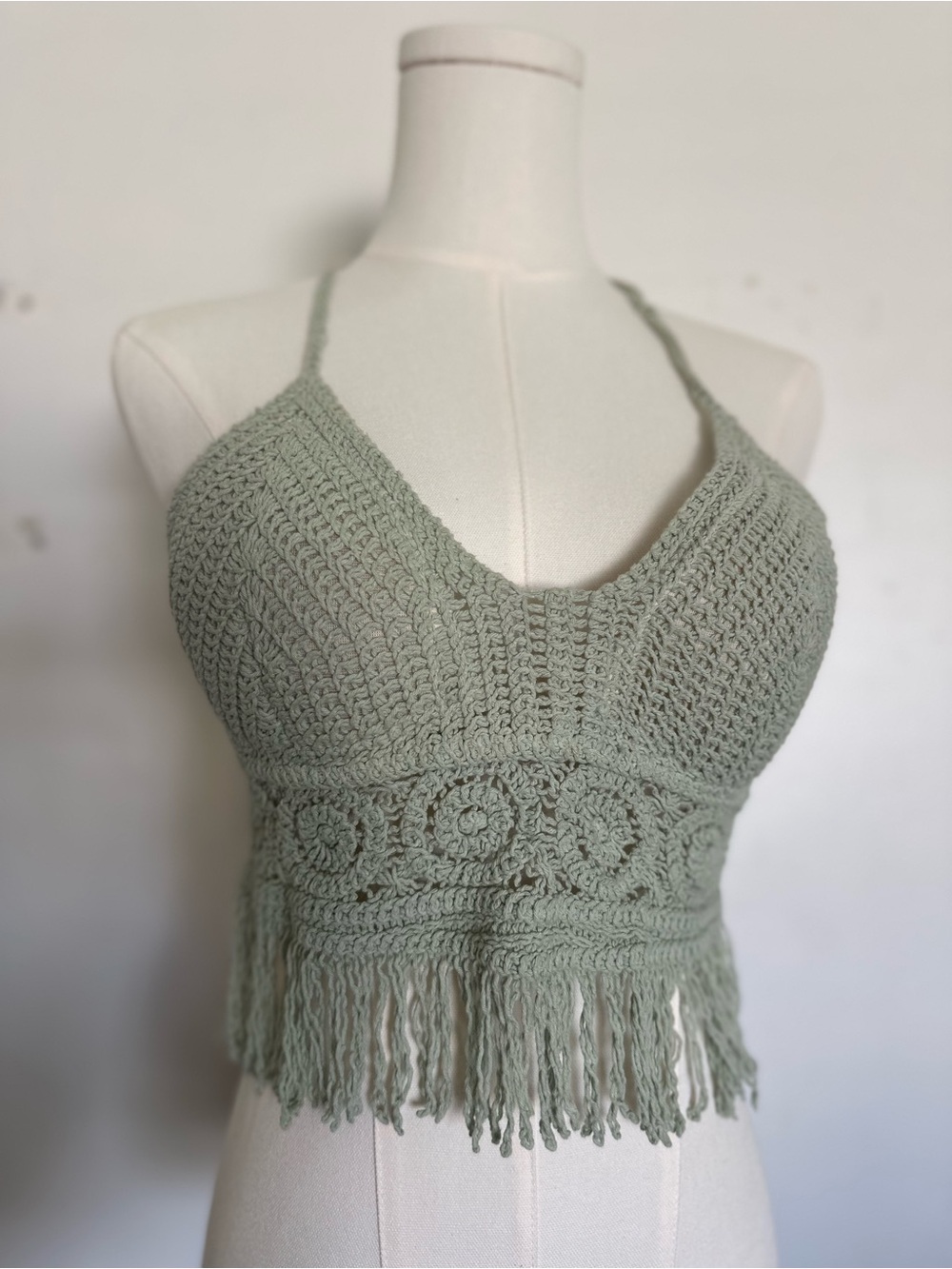 Boho Fairy Crochet Fringe Crop Tank Top - Sage Green